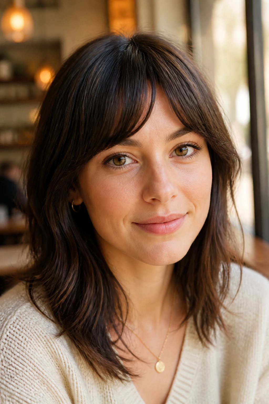 Close-up of a real woman with arched bangs framing eyes