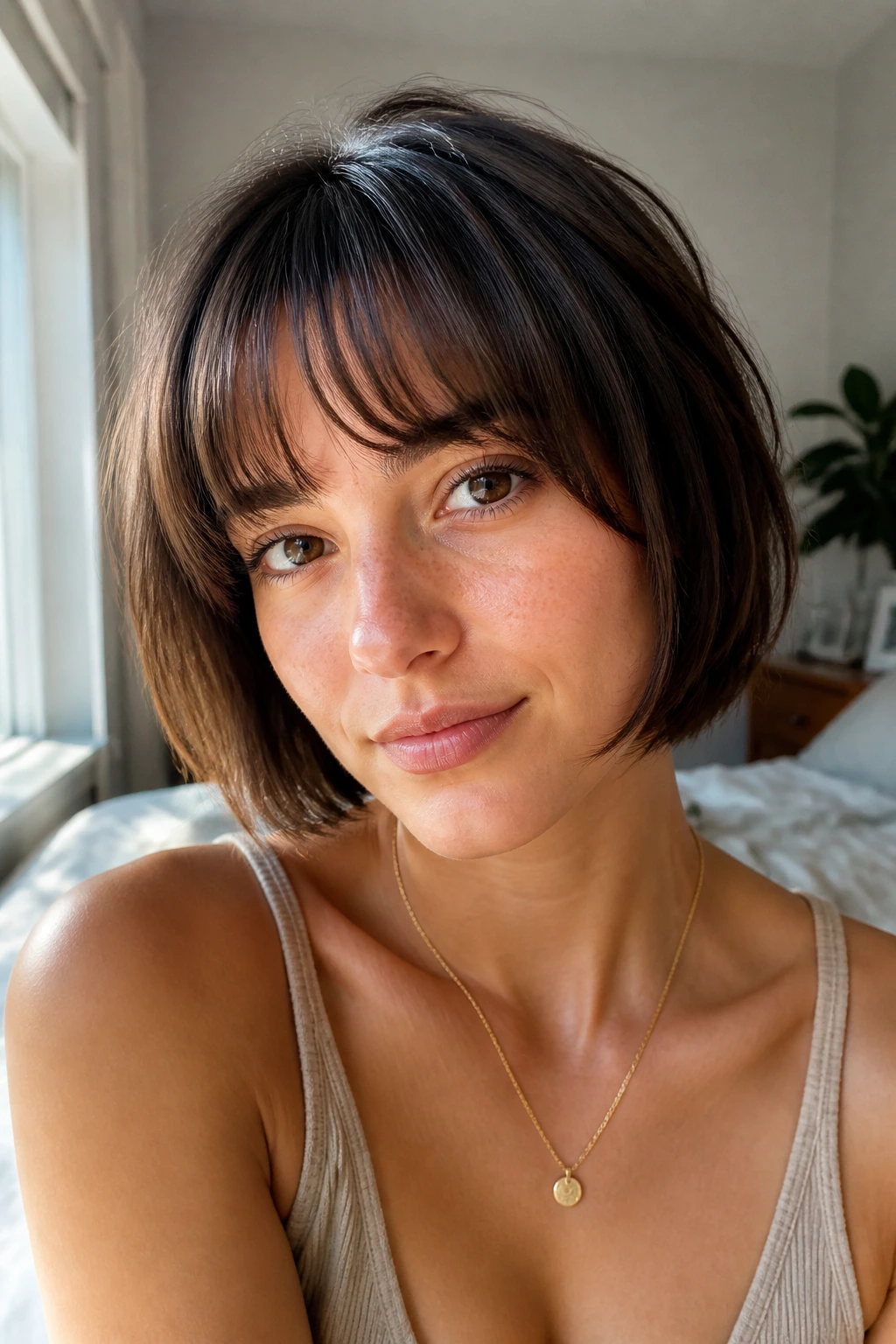 Close-up of a real woman with arched bangs on fine hair in soft bedroom light