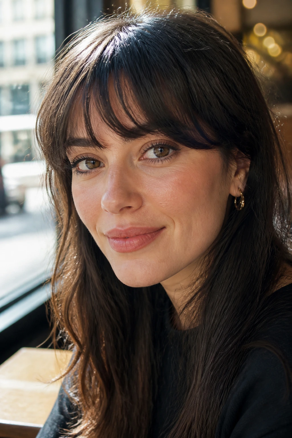 Close-up of a real woman with arched bangs following the brow line in natural light