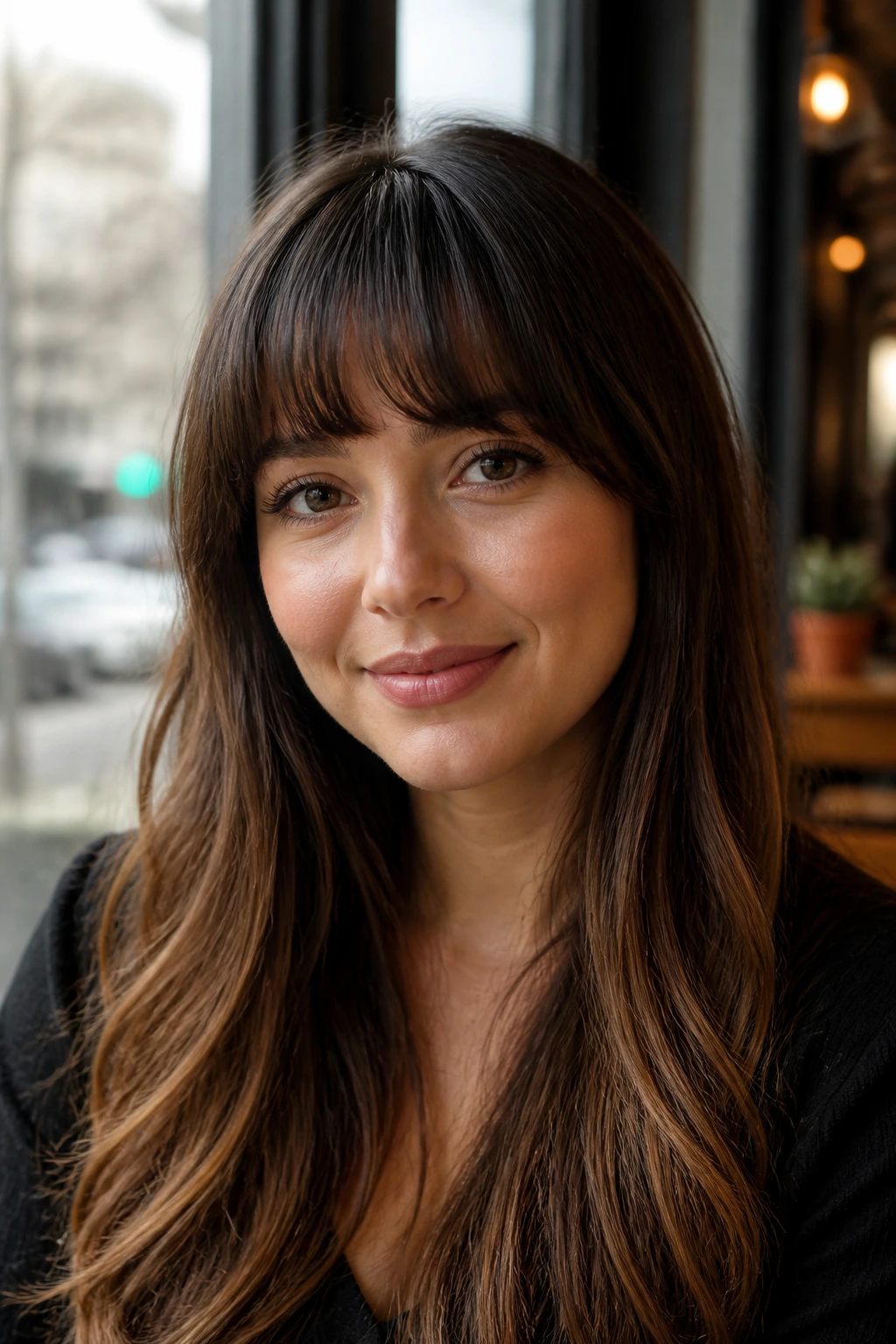 Portrait of a woman with arched full bangs curving above brows in daylight