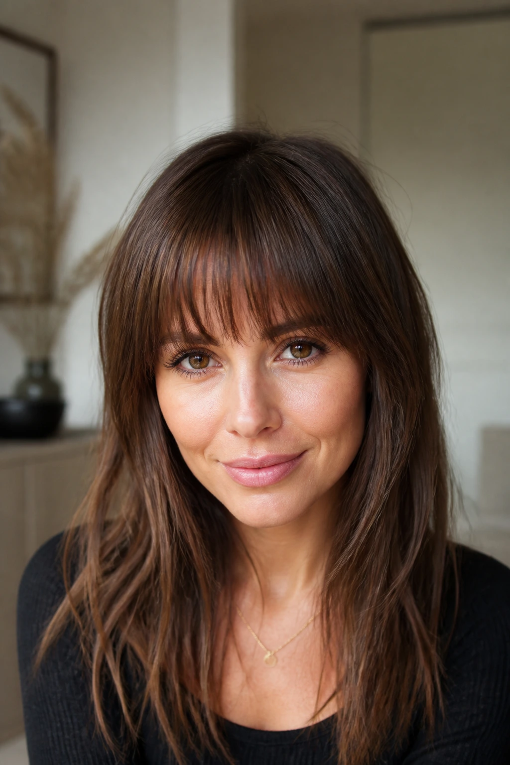 Close-up portrait of a woman with arched bangs along the forehead