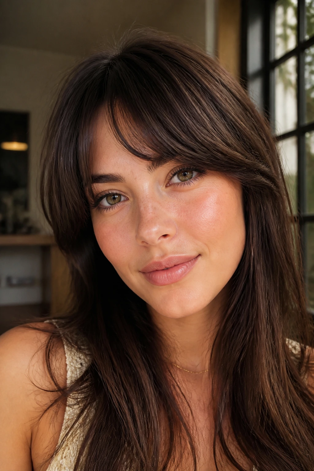 Close-up portrait of a real woman with arched bangs softly framing the face in natural window light