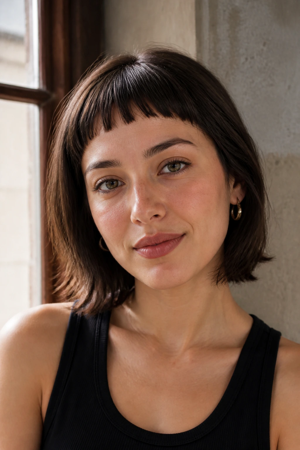 Close-up portrait of a real woman with arched micro bangs following the brow.