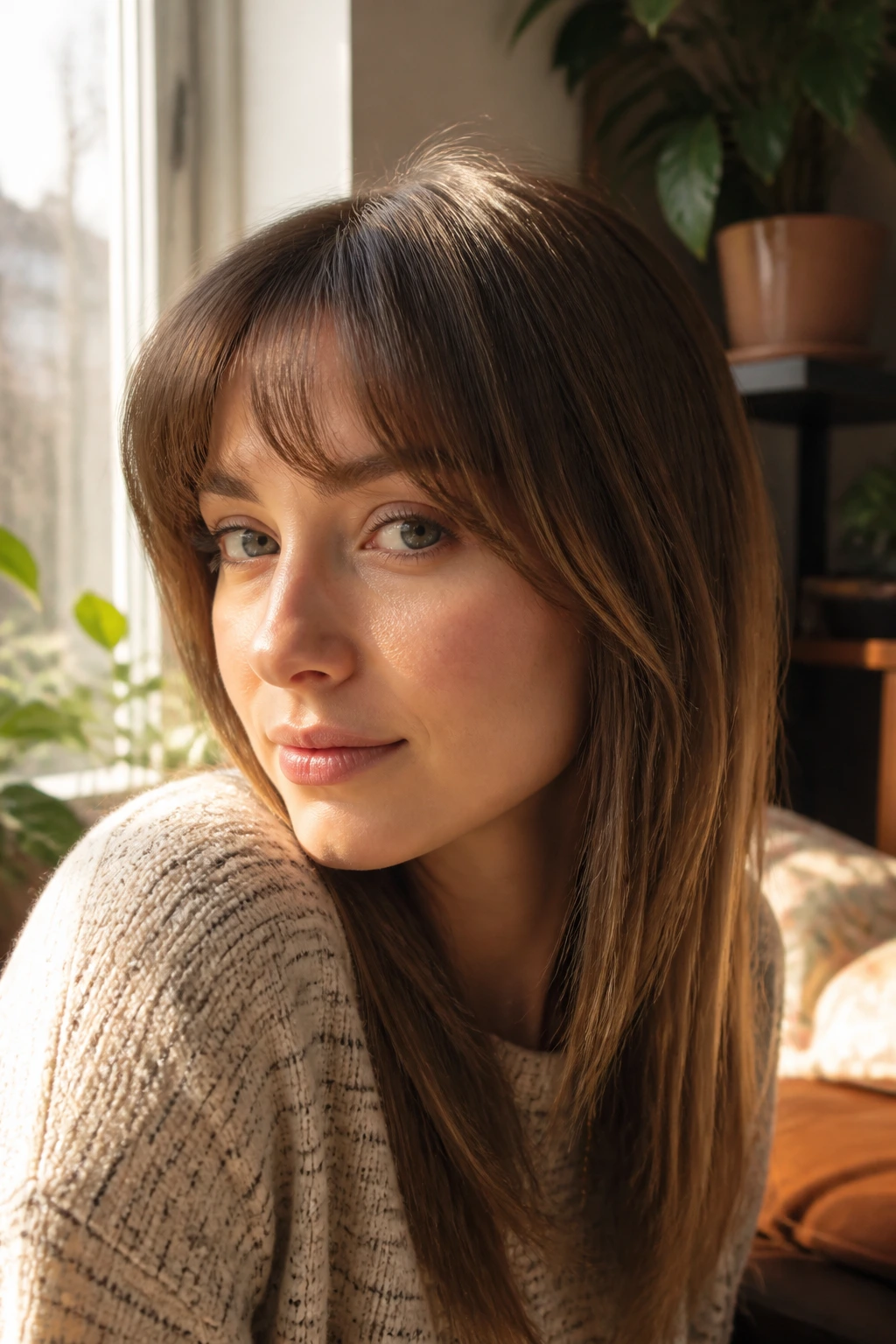 Close-up portrait of a real woman with arched bangs in a sunlit living room