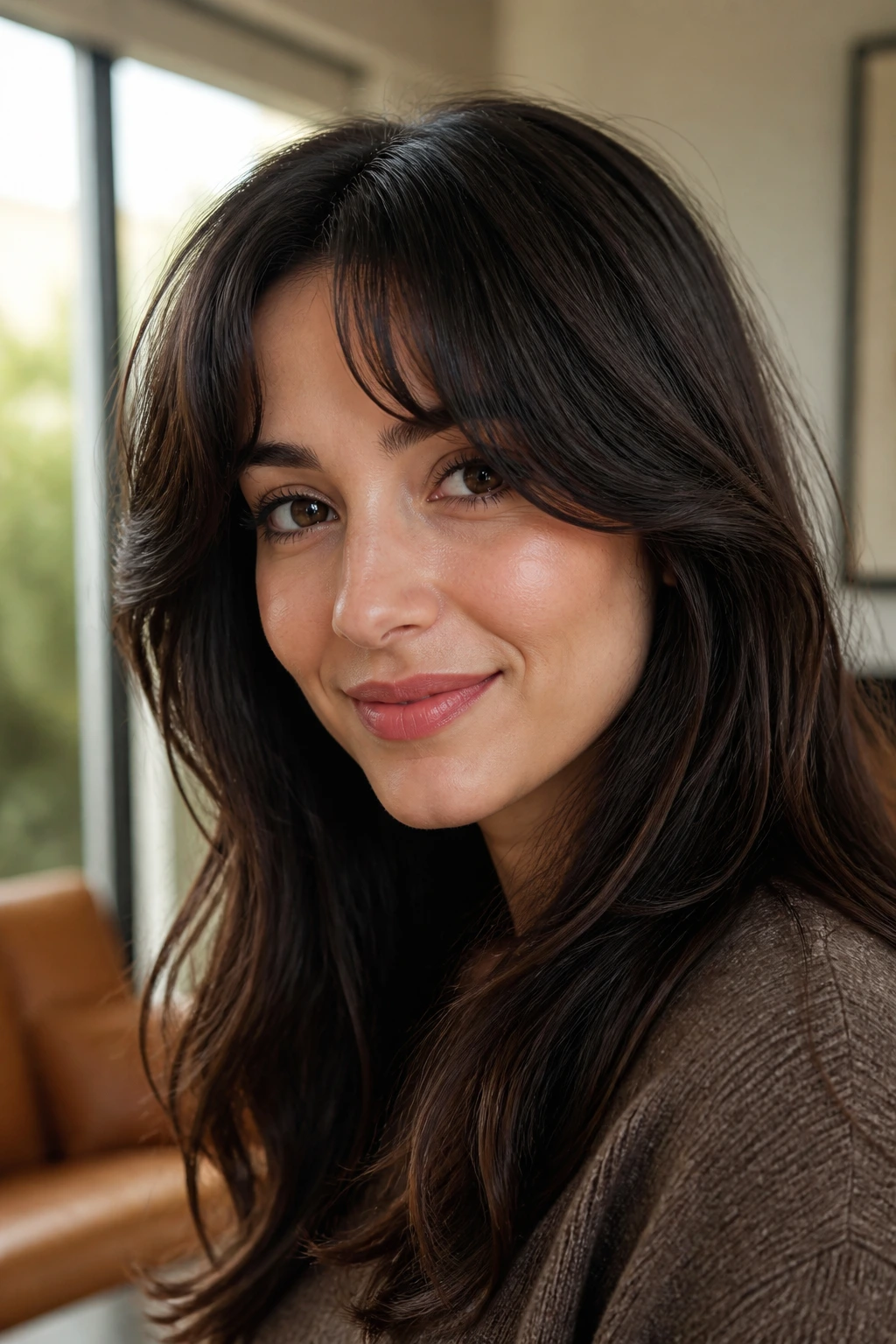 Close-up of arched bangs on a real woman with a curved center fringe