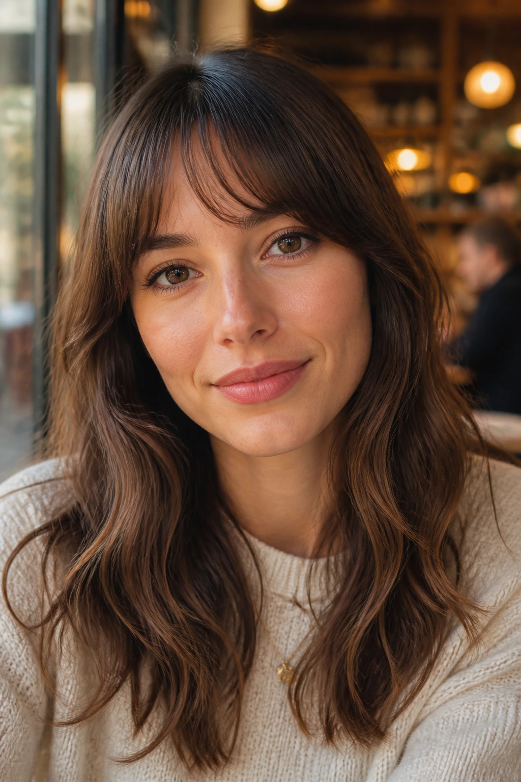 Portrait of a real woman with arched bangs following brow curve