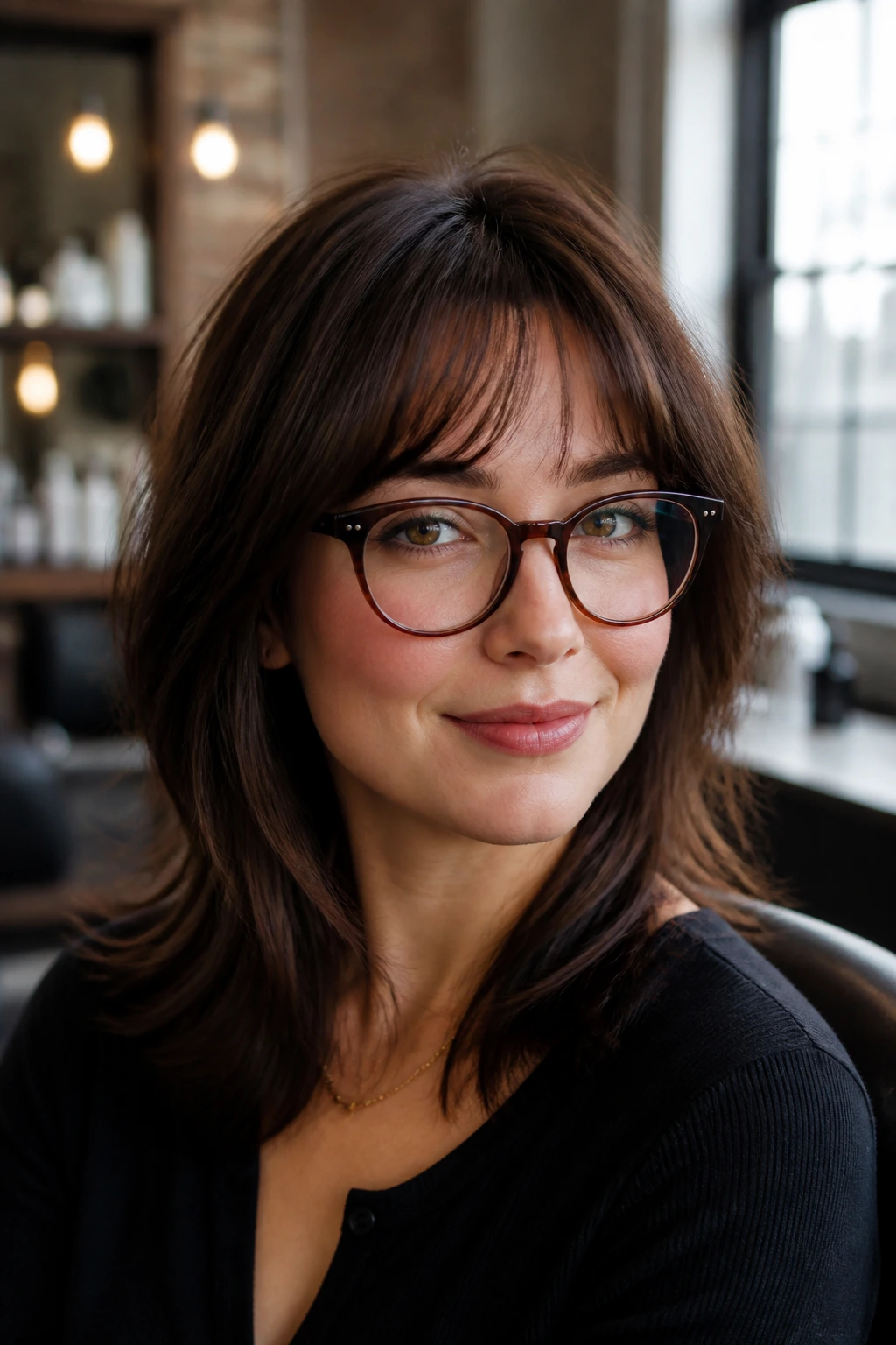 Close-up of a real woman's arched soft bangs in warm natural light