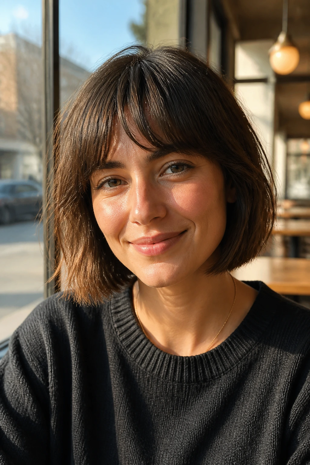 Real person with arched bangs and soft bob in natural light