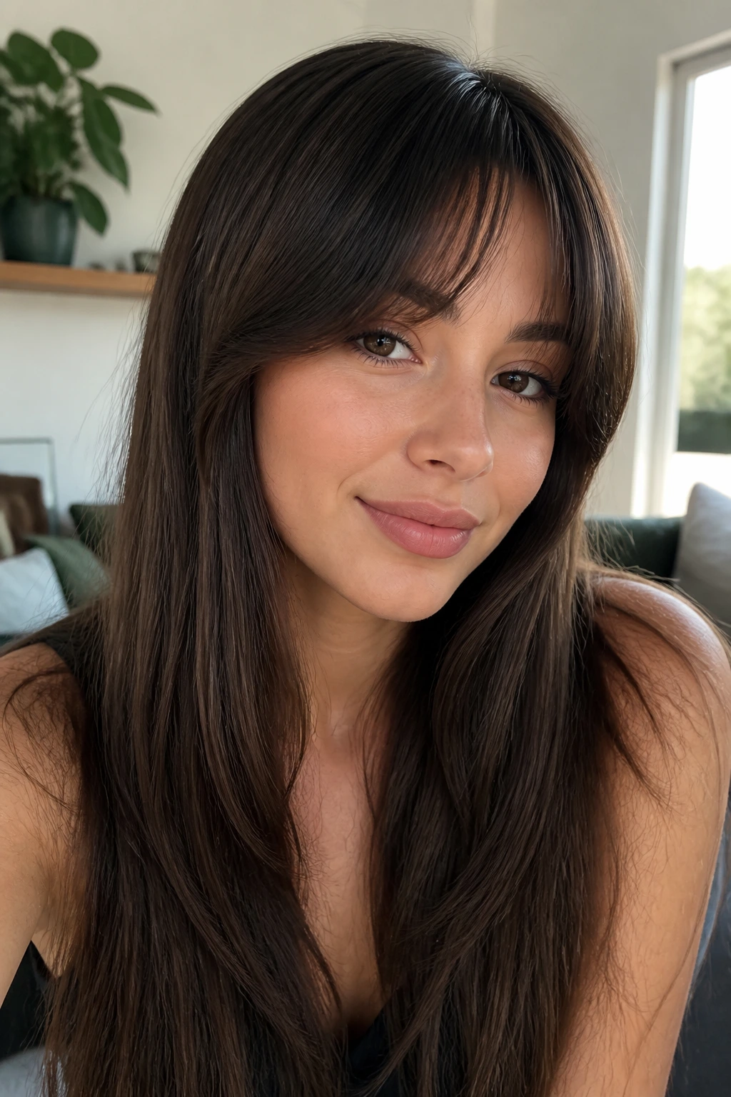 Close-up of a person with arched bangs on thick straight hair