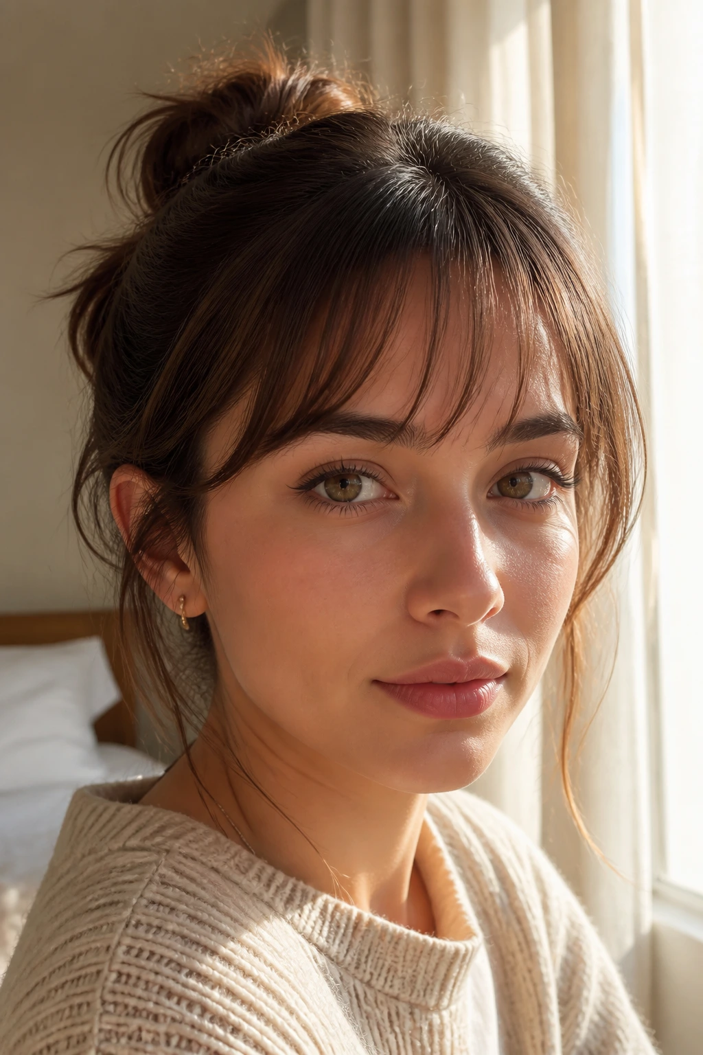 Close-up portrait of a real woman with arched wispy bangs under warm window light