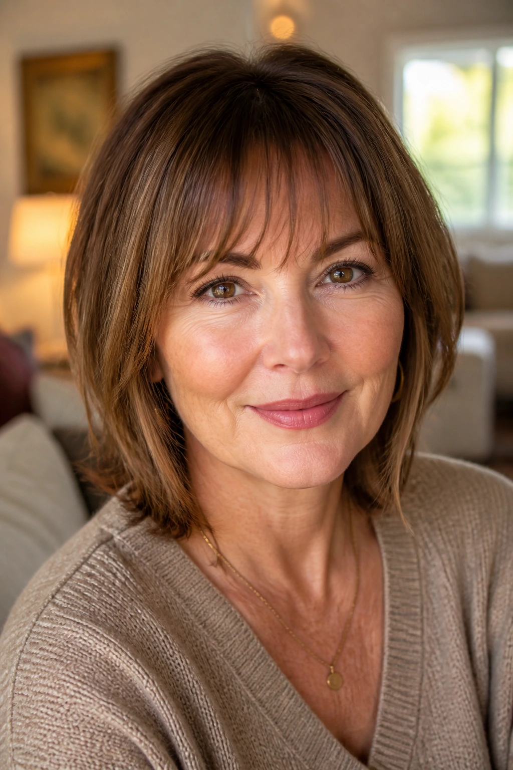 Portrait of a real woman with arched brow-skimming bangs