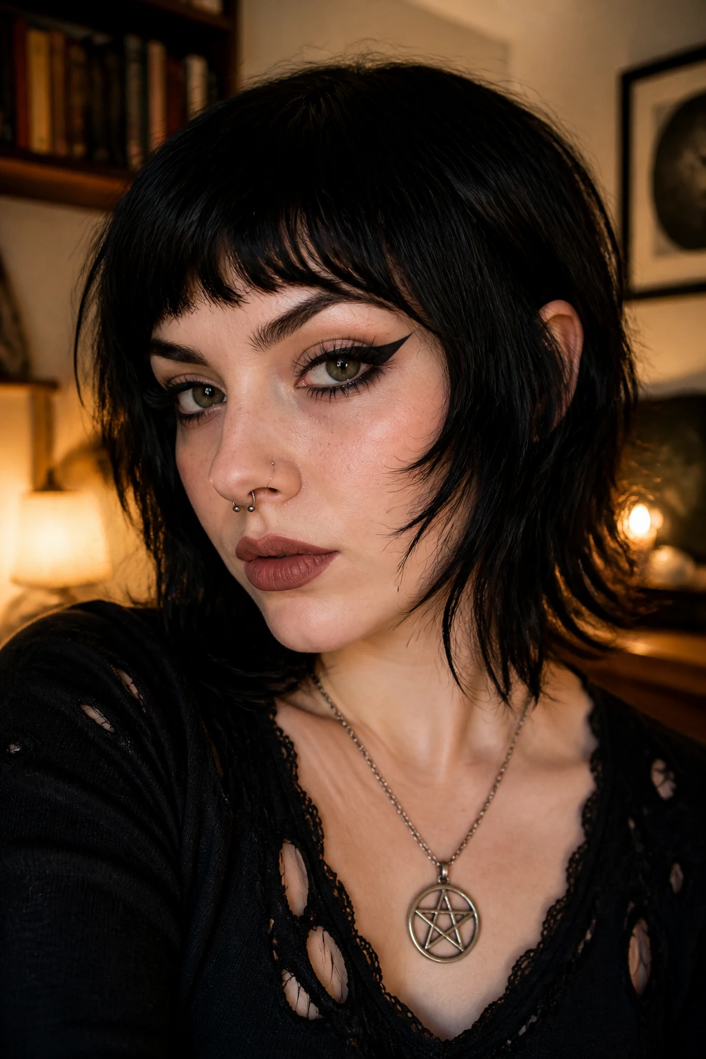 Close-up portrait of a real person with arched crescent fringe.