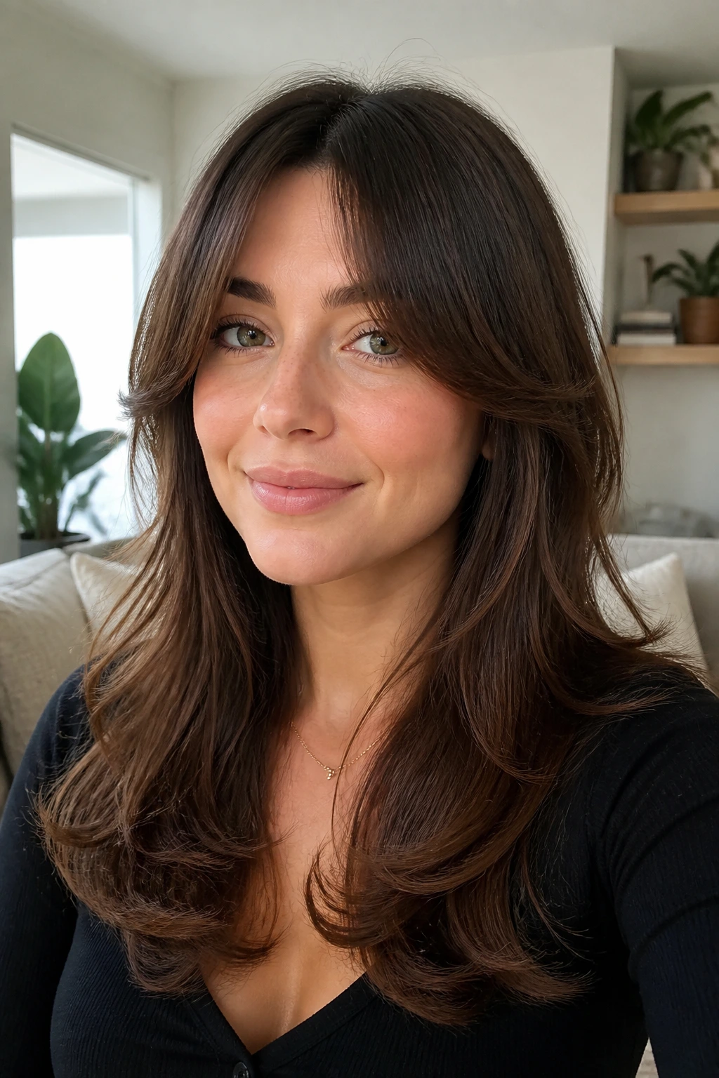 Real person with arched curtain bangs that slim a round face in natural light