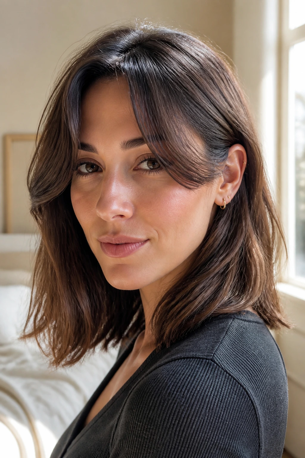 Close-up portrait of a real woman with arched curtain bangs and shoulder-length hair in natural window light