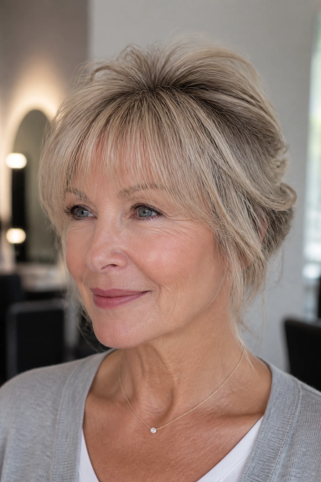 Close-up of a woman with a soft arched fringe and lifted crown.