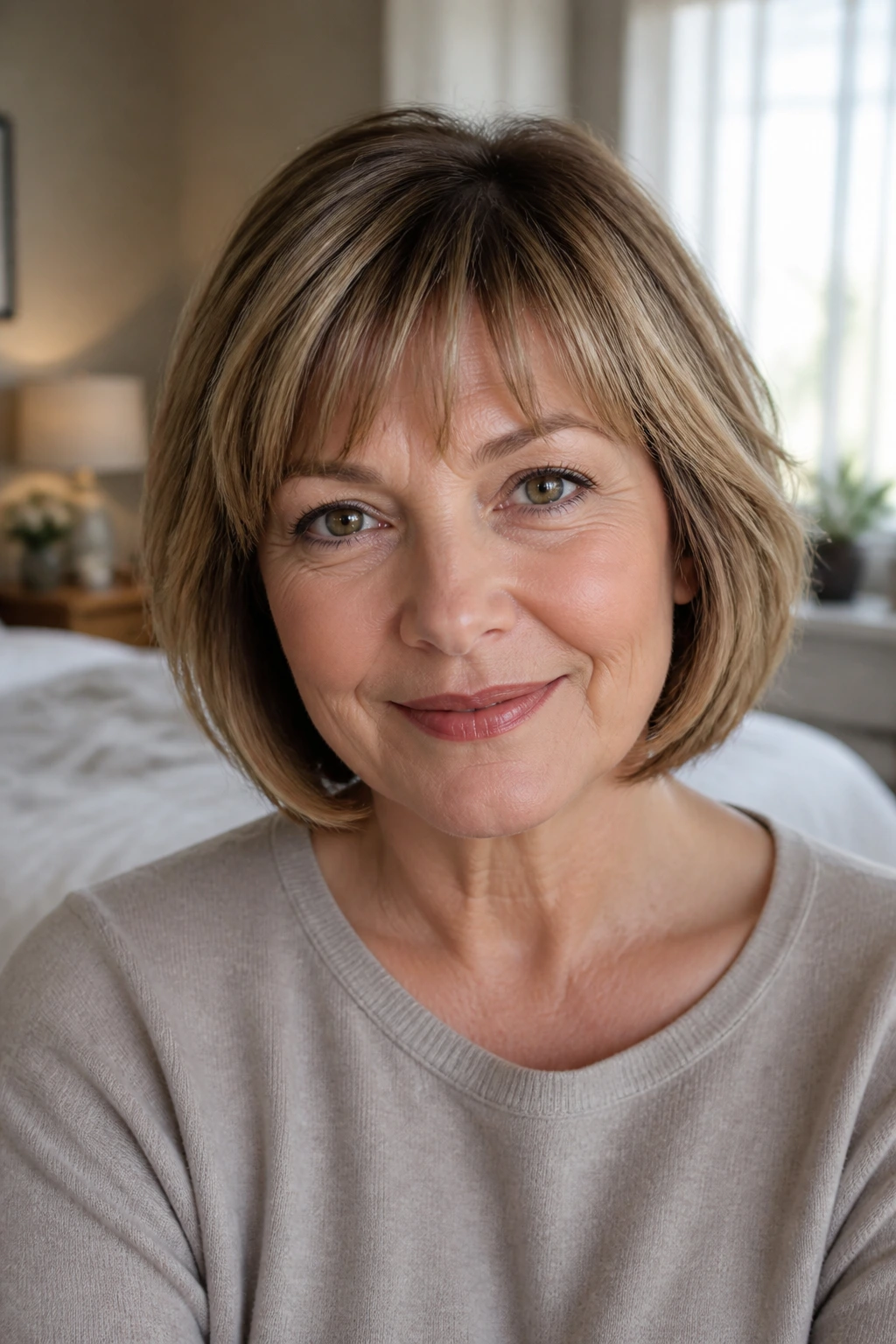 Close-up of a real woman's arched fringe on a round face with soft center lift