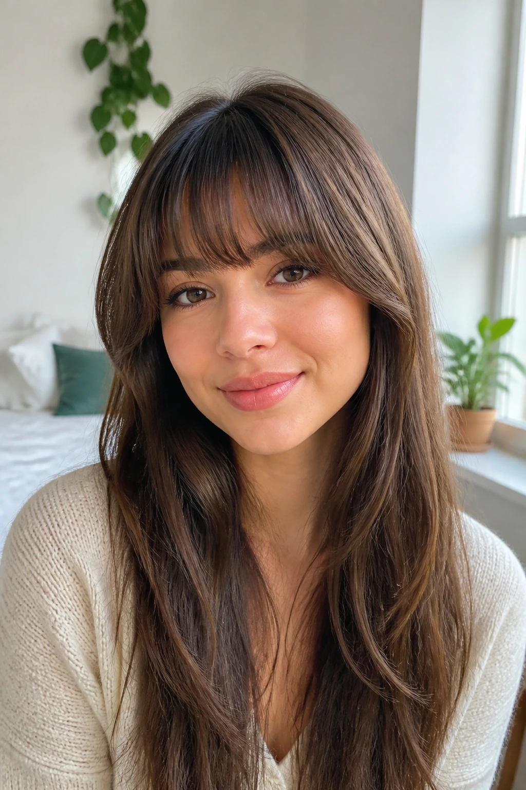 Close-up of a woman with arched full fringe and soft corners