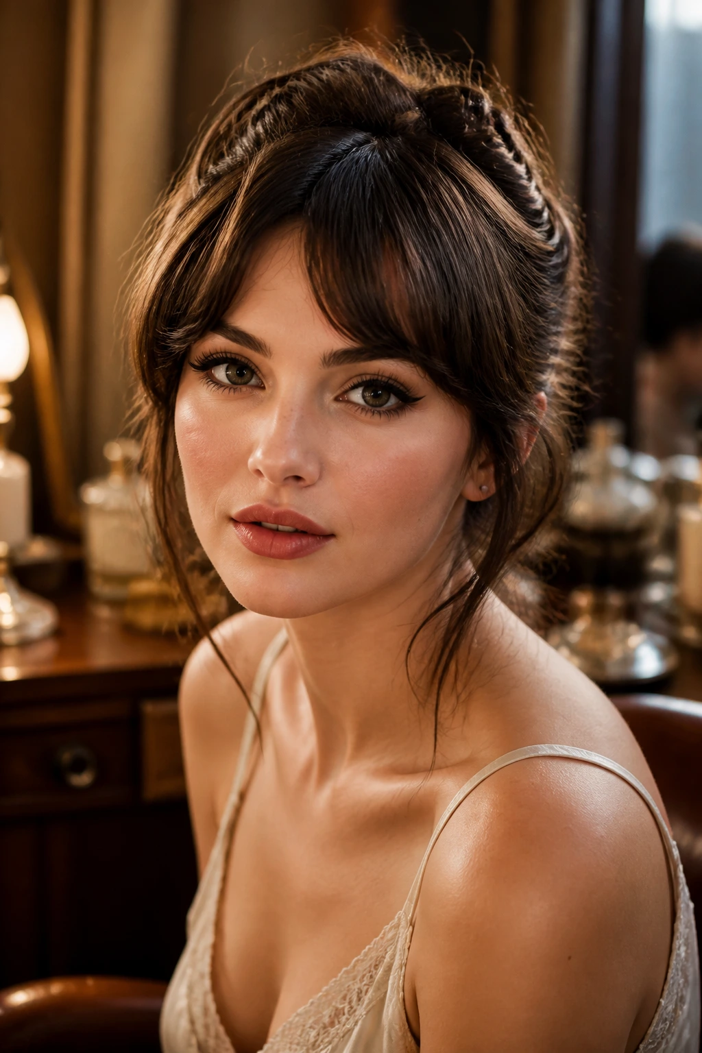 Close-up portrait of a real woman with arched Hollywood fringe and lifted shape