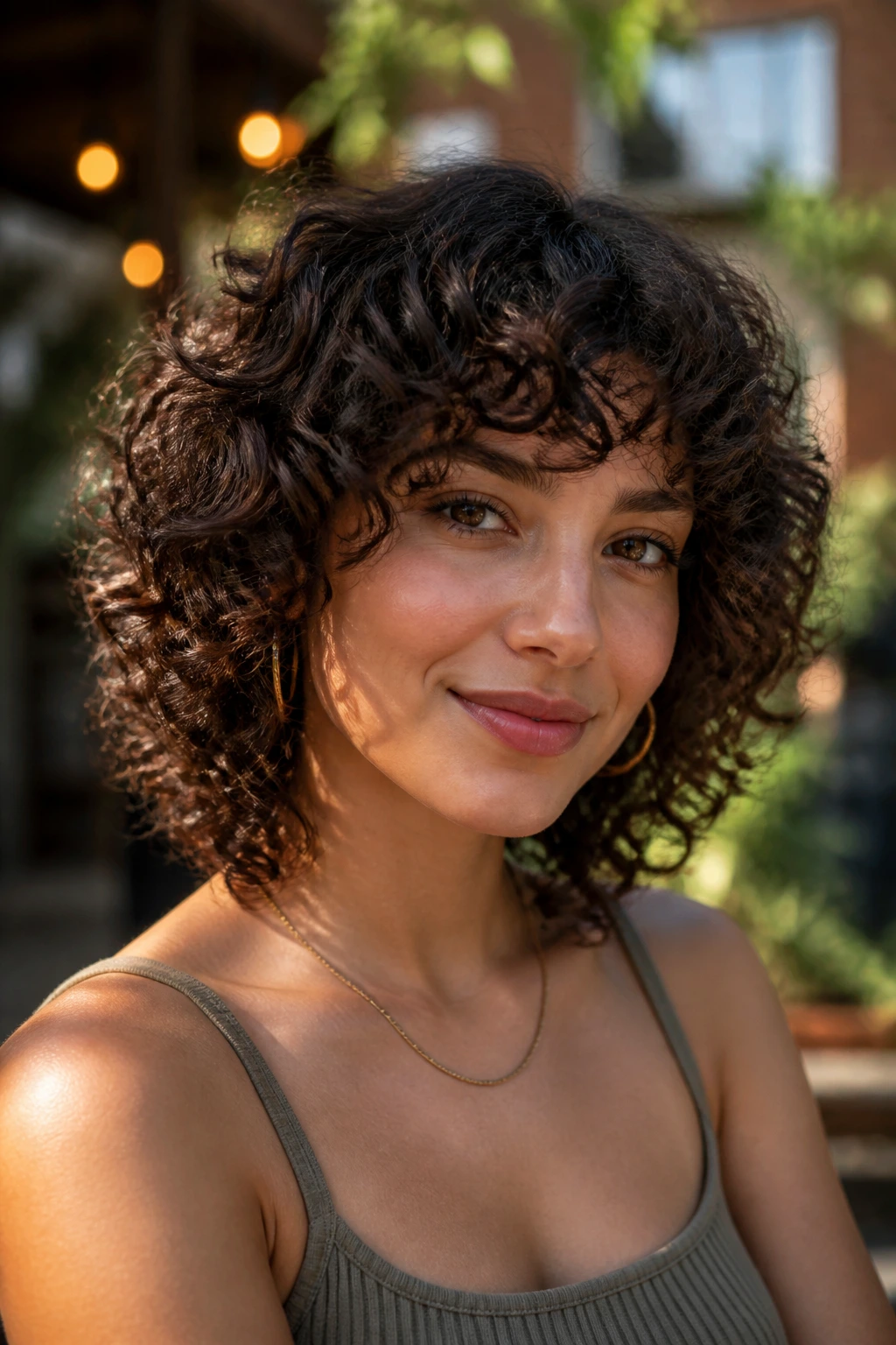 Close-up of a real person with arched ringlet shag and curved fringe