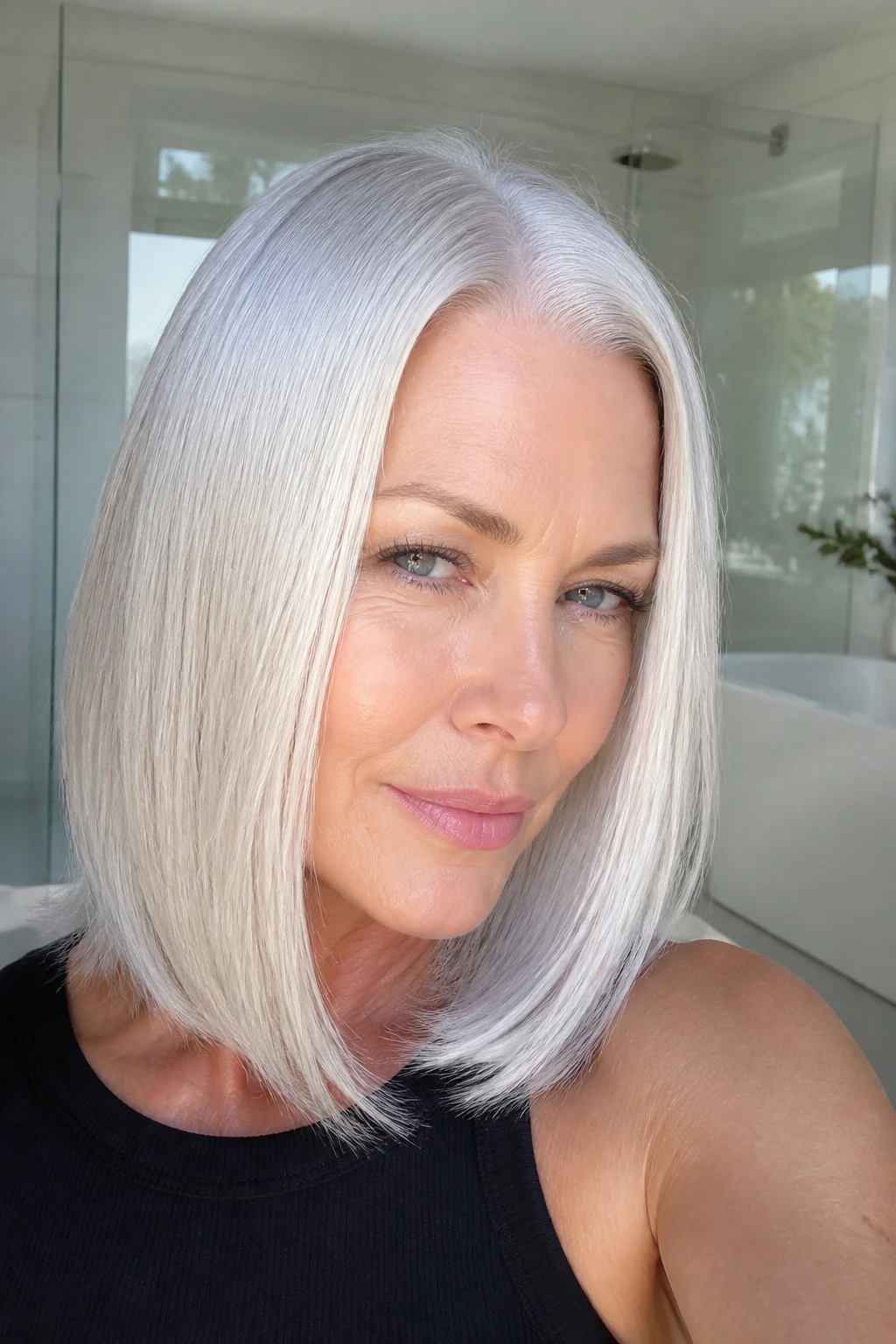 Close-up of a real person with pure Arctic Silver hair and glossy shine in window light