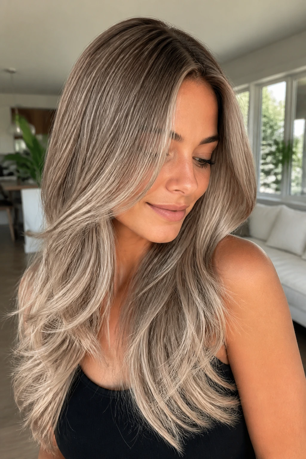 Real person with ash blonde balayage on long layered hair