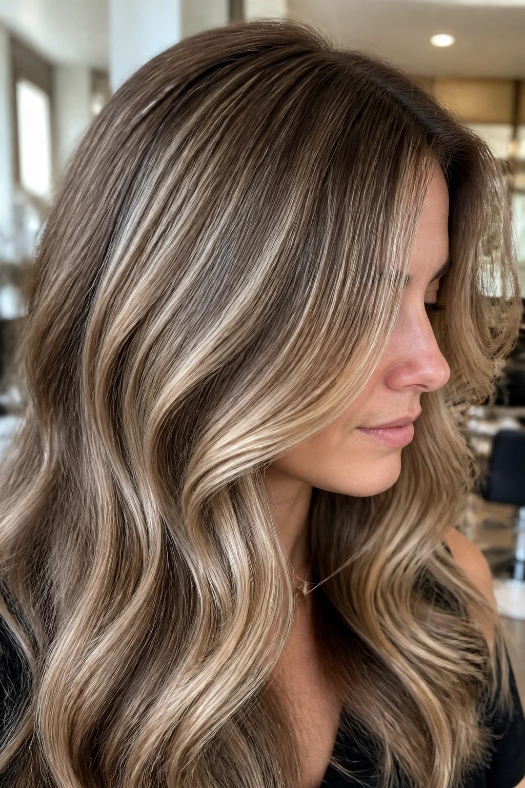 Close-up of thick-haired woman with ash beige babylights across the crown