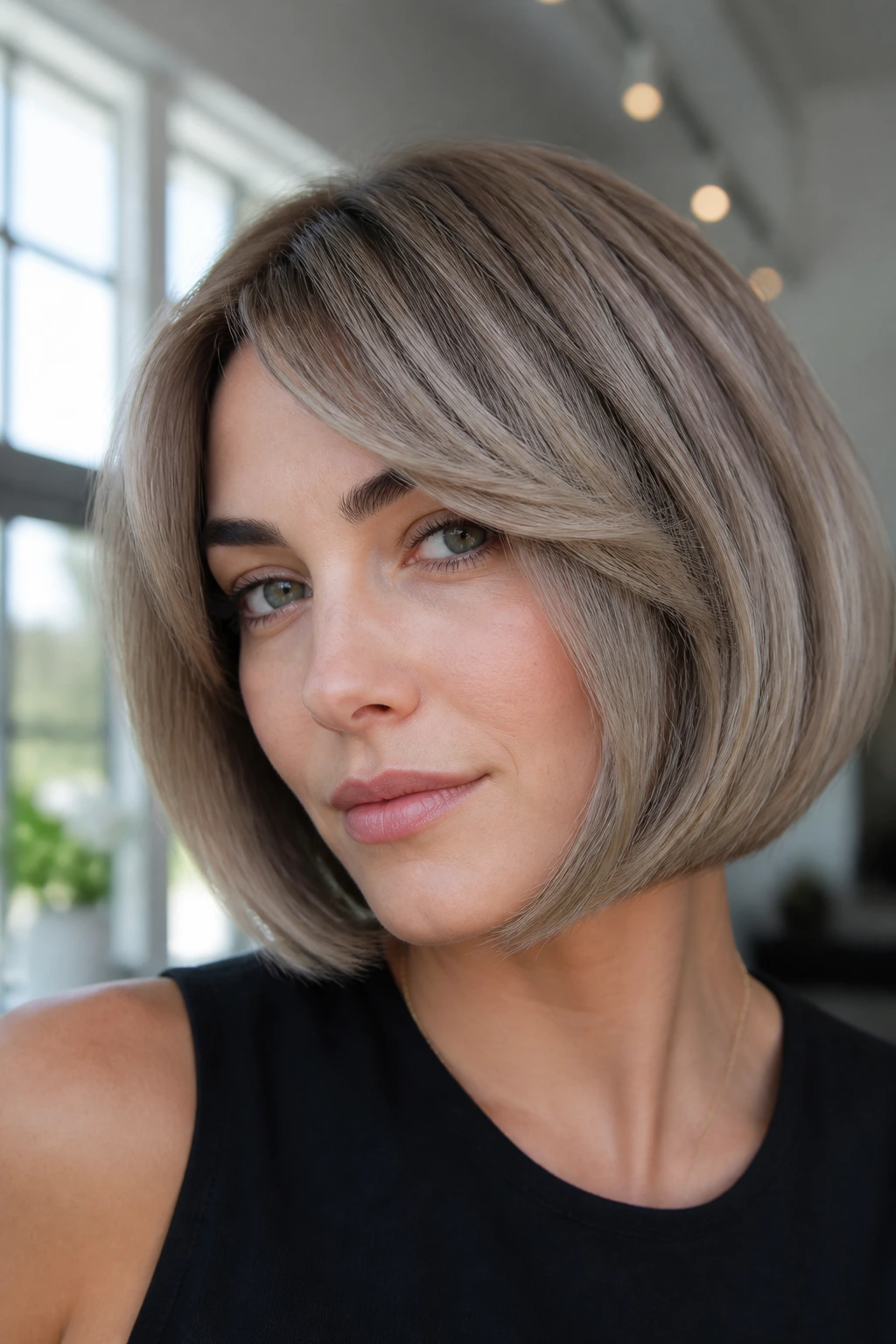 Close-up of a real person with ash beige balayage on a French bob