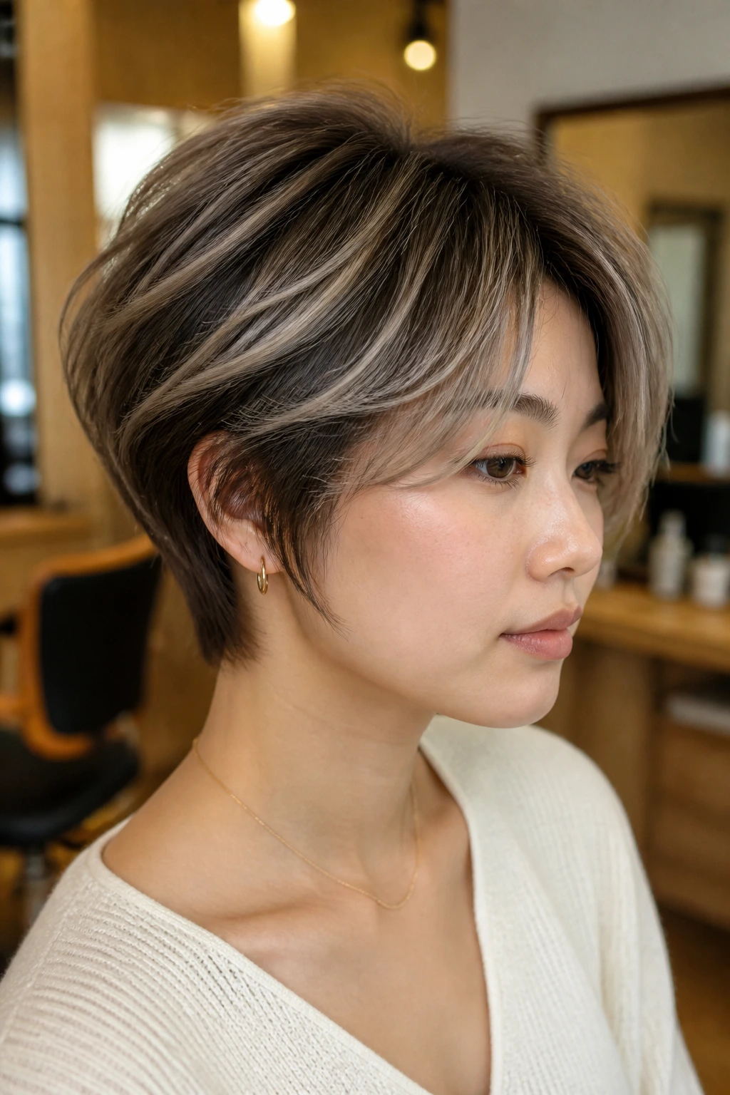 Close-up of a real Asian woman with ash beige balayage on a layered short crop in salon lighting.