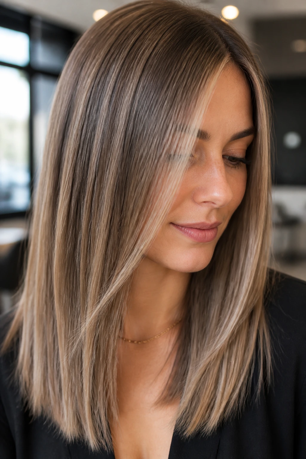 Close-up of a real woman with ash beige balayage on straight hair in a window-lit salon.