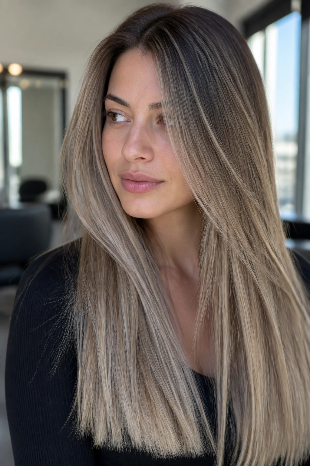 Close-up portrait of a real woman with ash-beige balayage on straight thick hair, natural window light