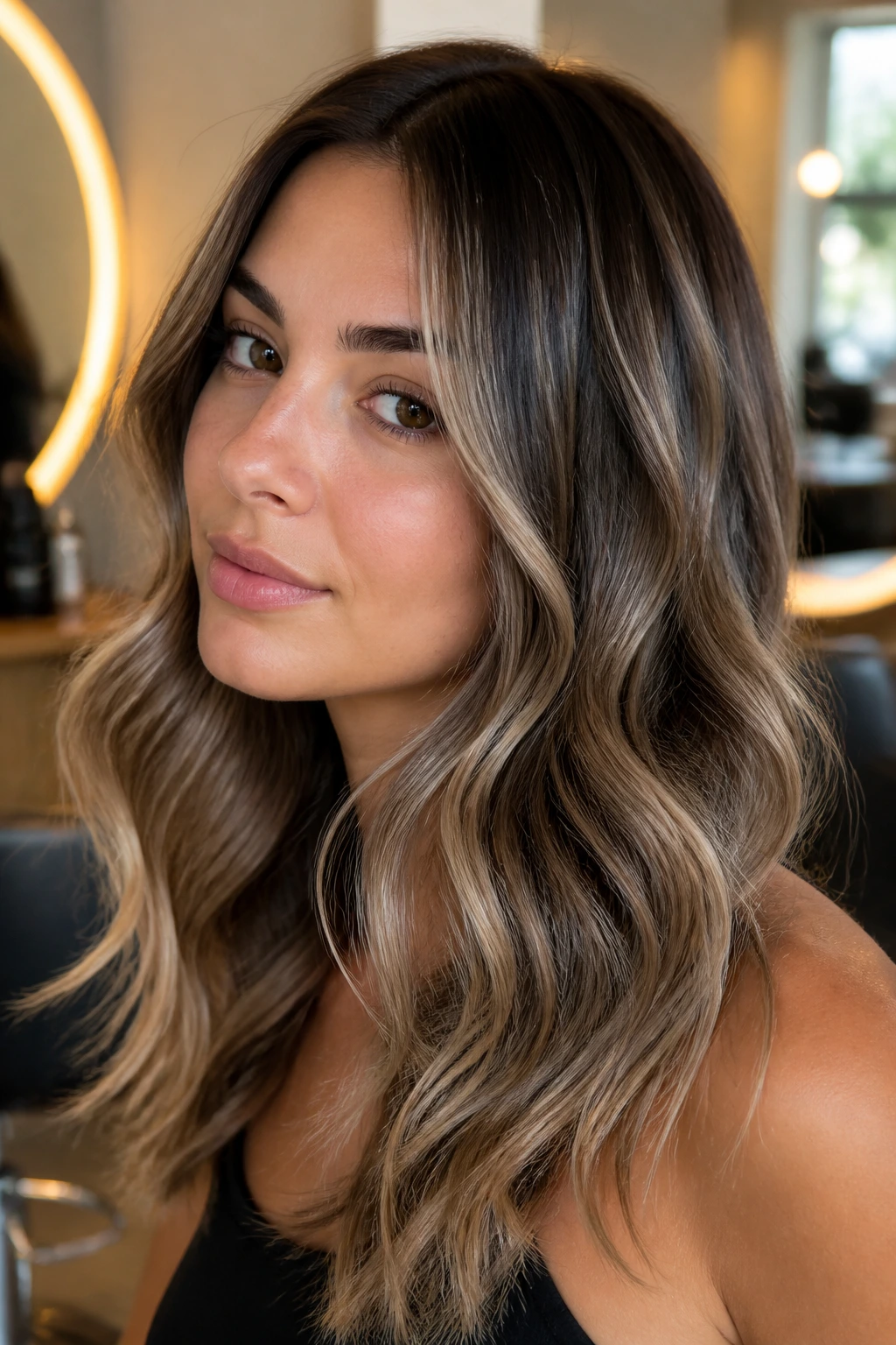 Close-up portrait of a real woman with ash beige balayage on wavy hair in a bright salon
