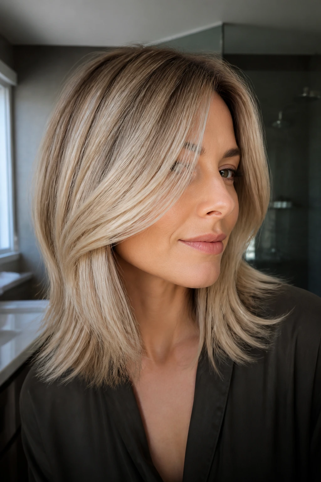 Real woman with ash beige blonde hair showing layered, airbrushed texture in cool lighting