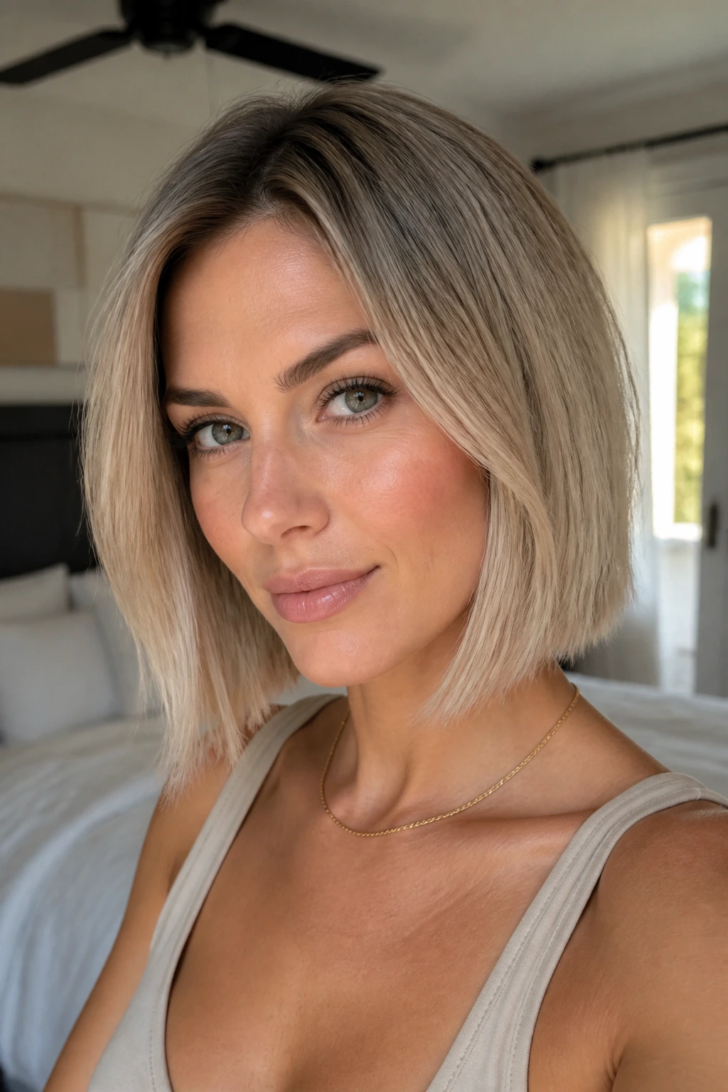 Close-up portrait of a real woman with an ash-beige blonde bob in natural window light