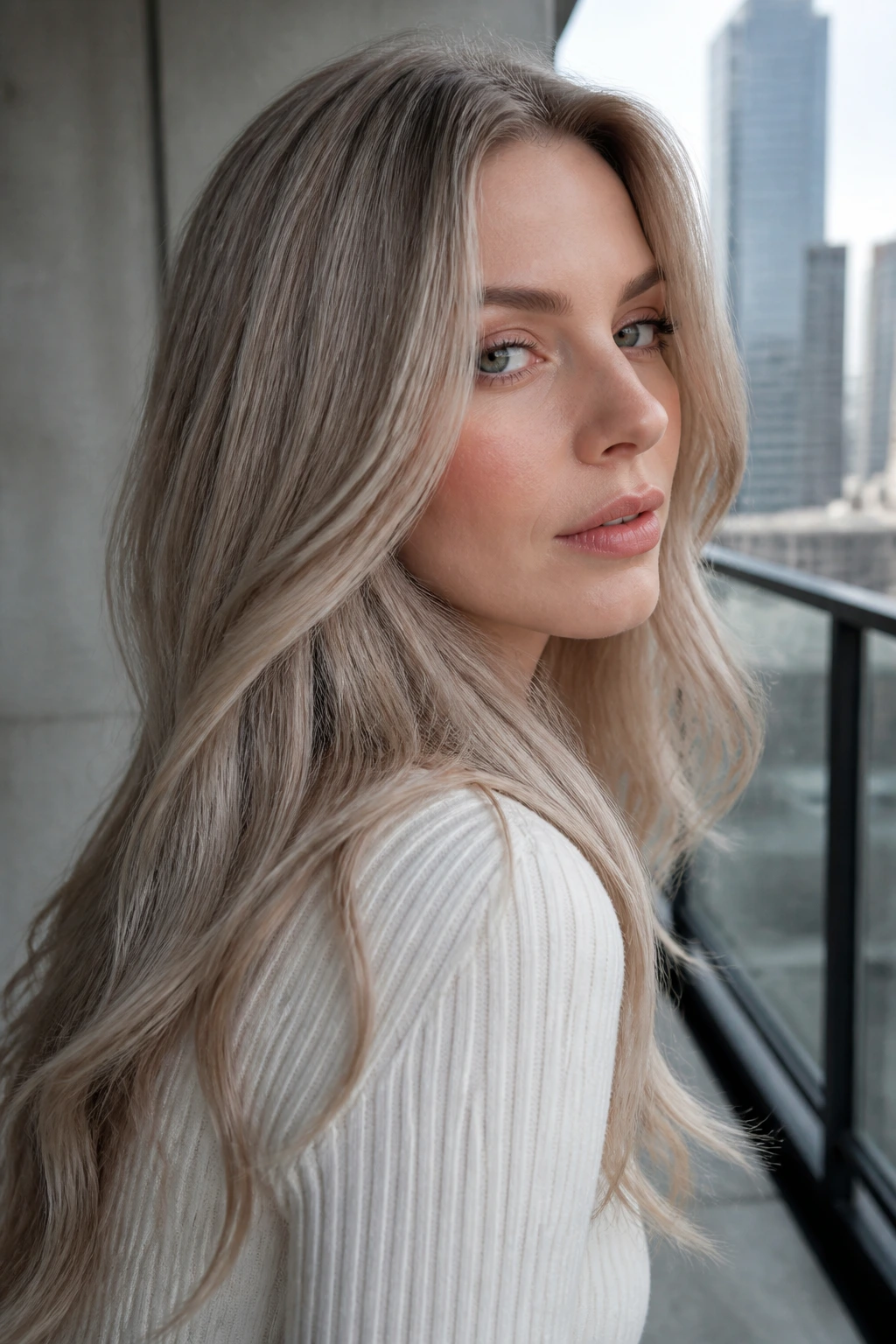 Portrait of a woman with ash beige blonde in soft cool light