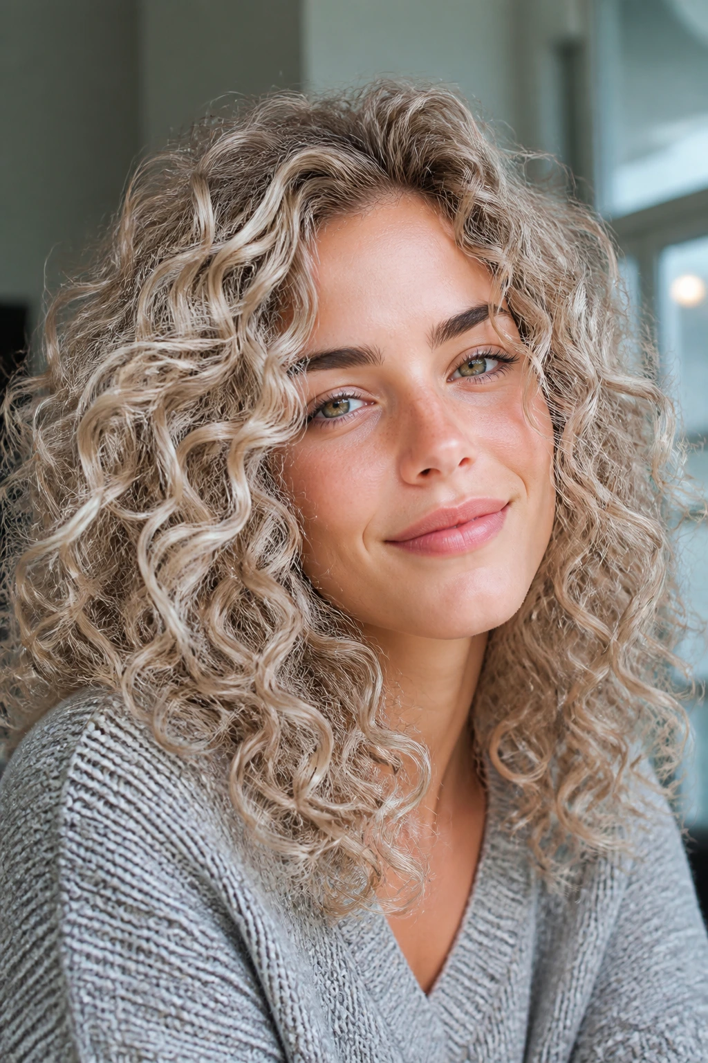 Real woman with ash beige blonde curls in cool indoor light