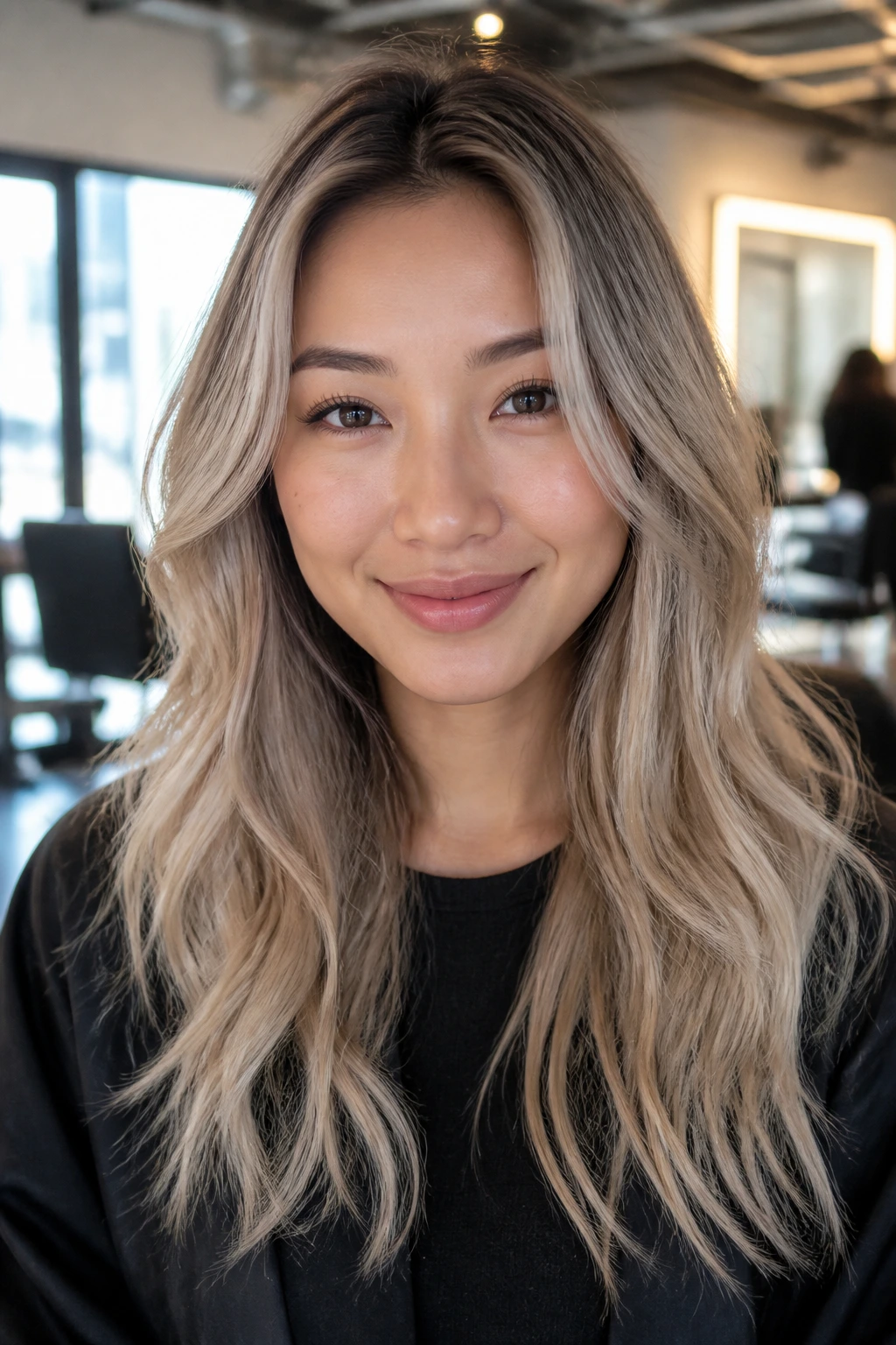 Portrait of a woman with ash-beige blonde hair and a soft root melt in a salon setting