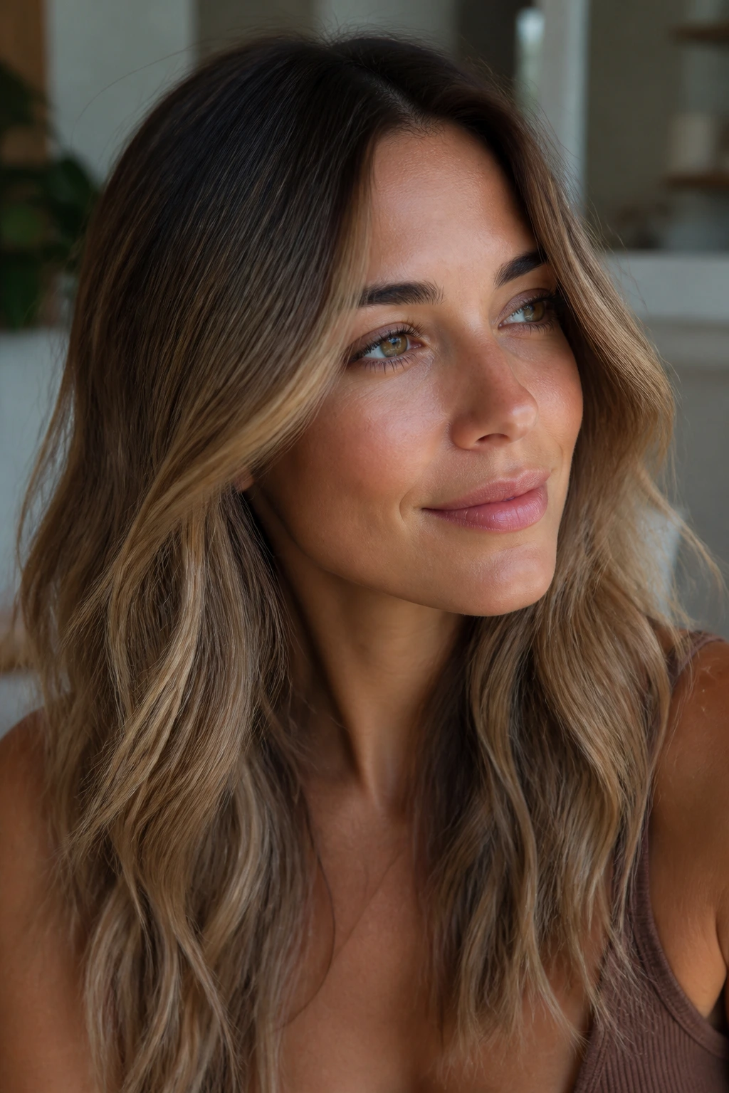 Close-up of a real woman showing ash beige summer bronde balayage with cool-soft tones