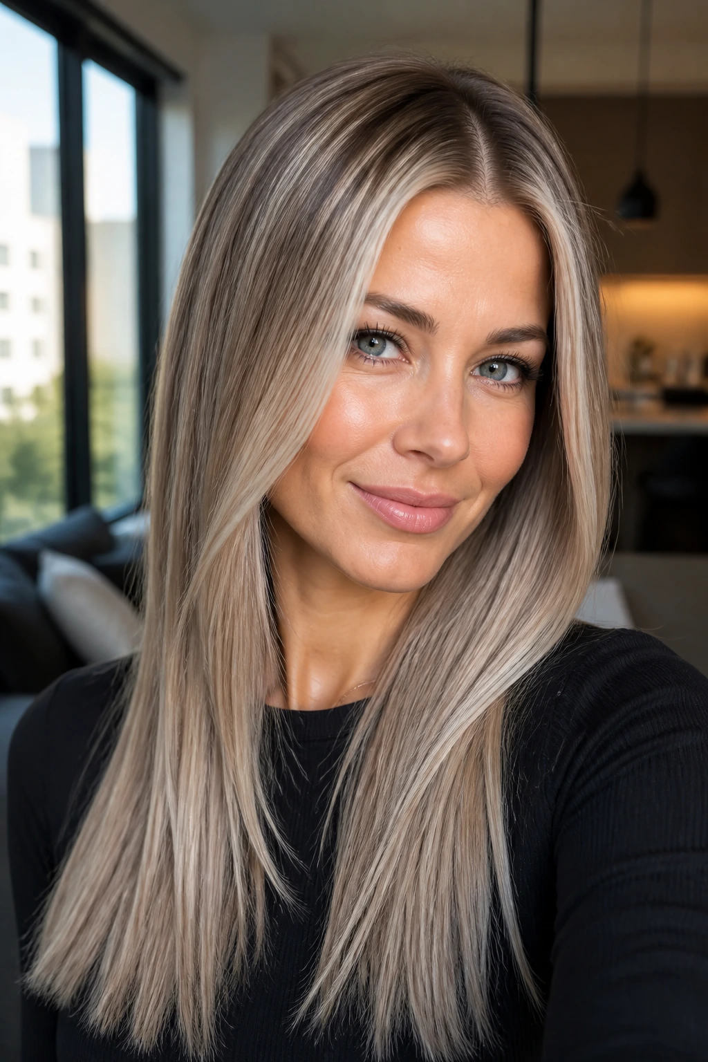 Close-up of a real woman with ash beige contour blonde and face-framing highlights