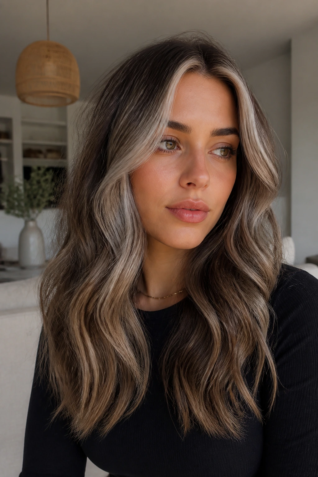 Close-up of a real person with cool ash beige front frame on wavy hair under natural window light