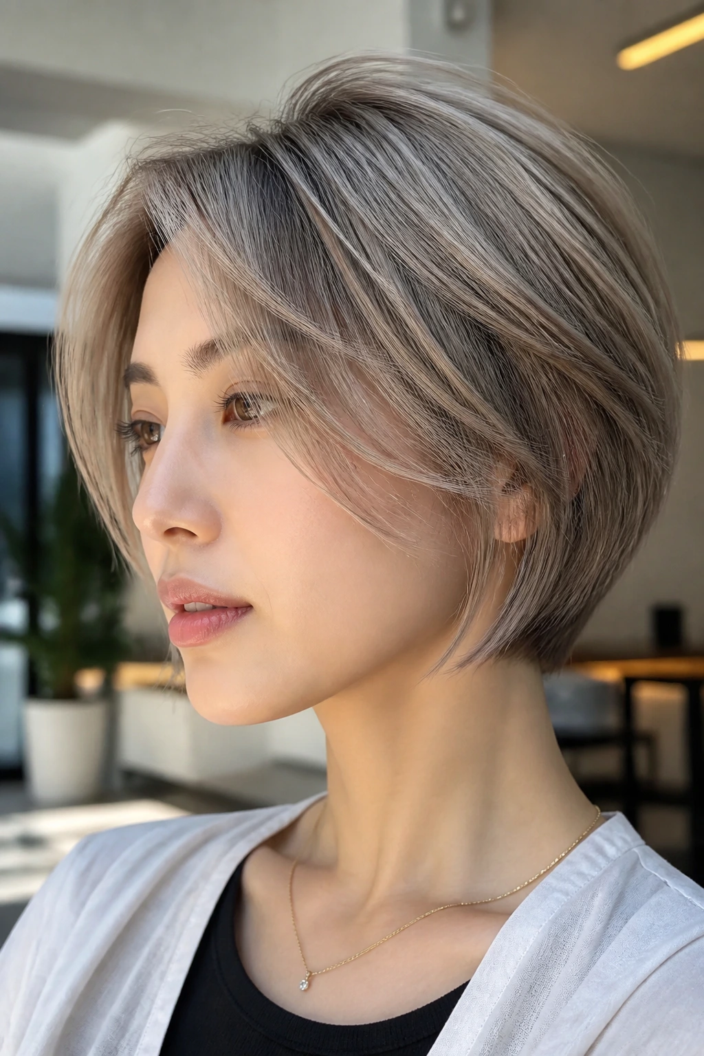 Short cut with ash beige frosting for a cool soft finish on a real person