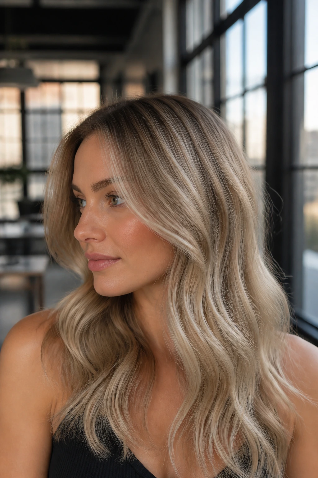 Close-up portrait of a real woman with ash blonde balayage showing cool, silvery strands.