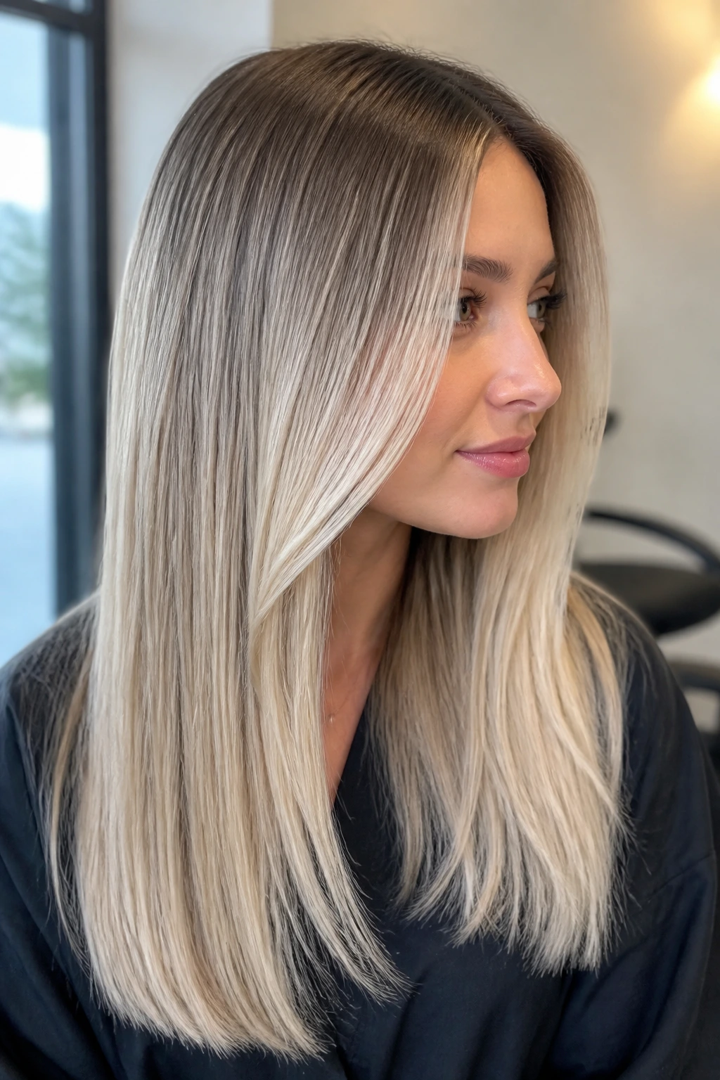 Close-up of real woman with rooted ash blonde balayage, dark root fading to ash blonde on straight hair