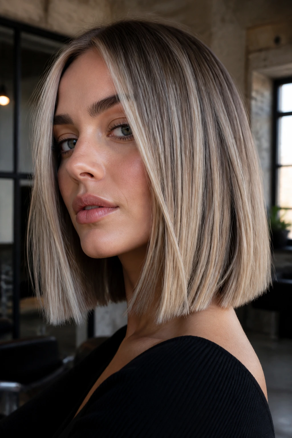 Close-up of a real woman with ash blonde ribbons on a blunt lob