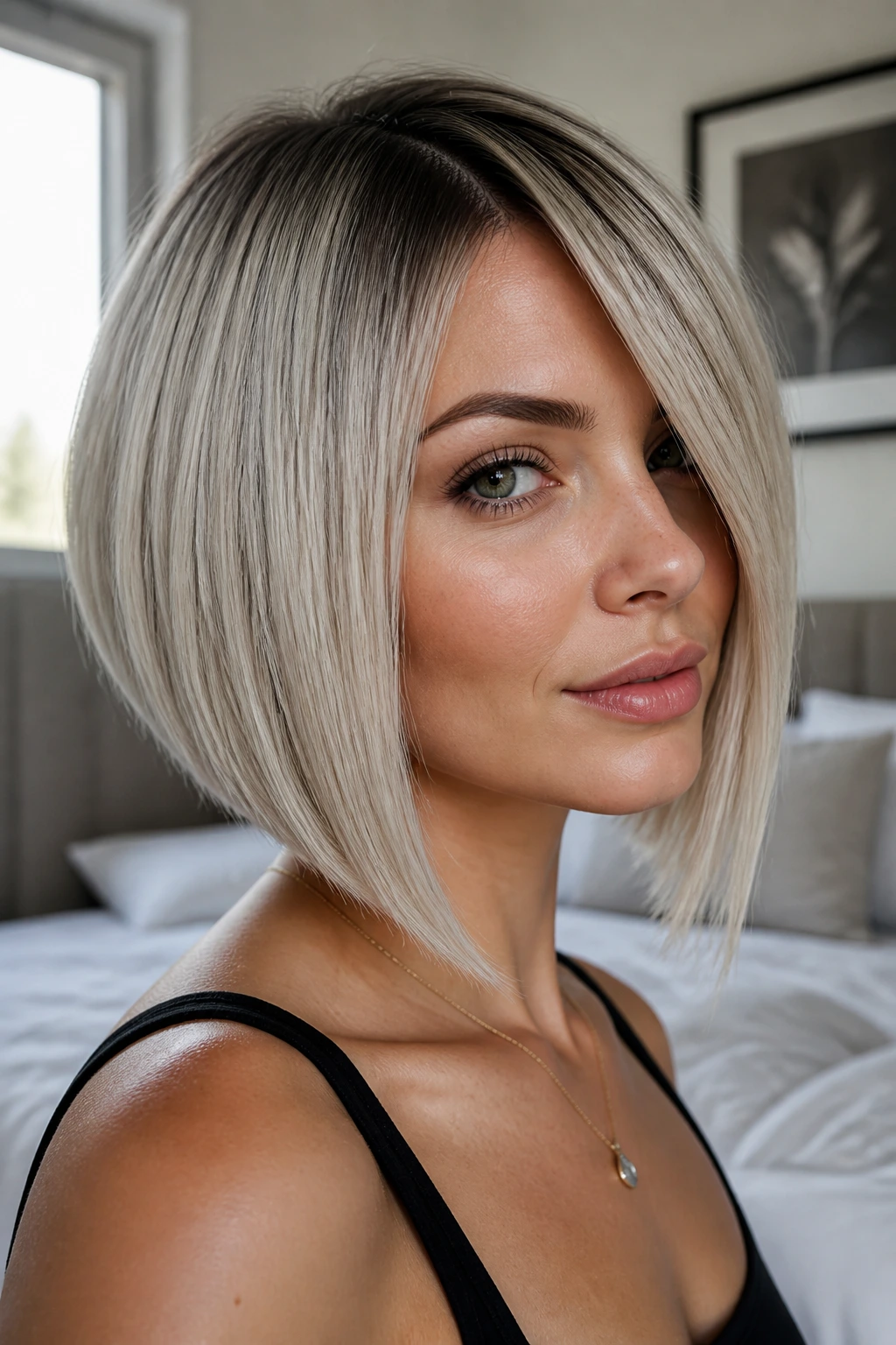 Close-up of a real woman with Ash-Blonde Asymmetrical Bob With Cooler Contrast