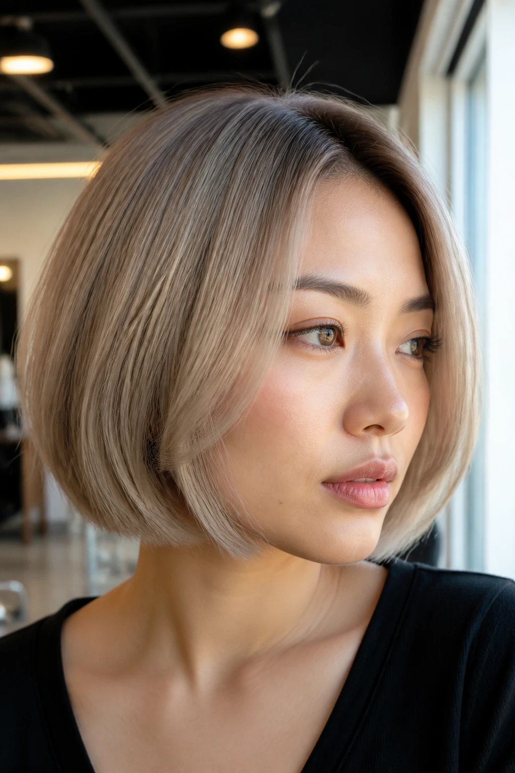 Portrait of a woman with a soft ash blonde bob filling frame