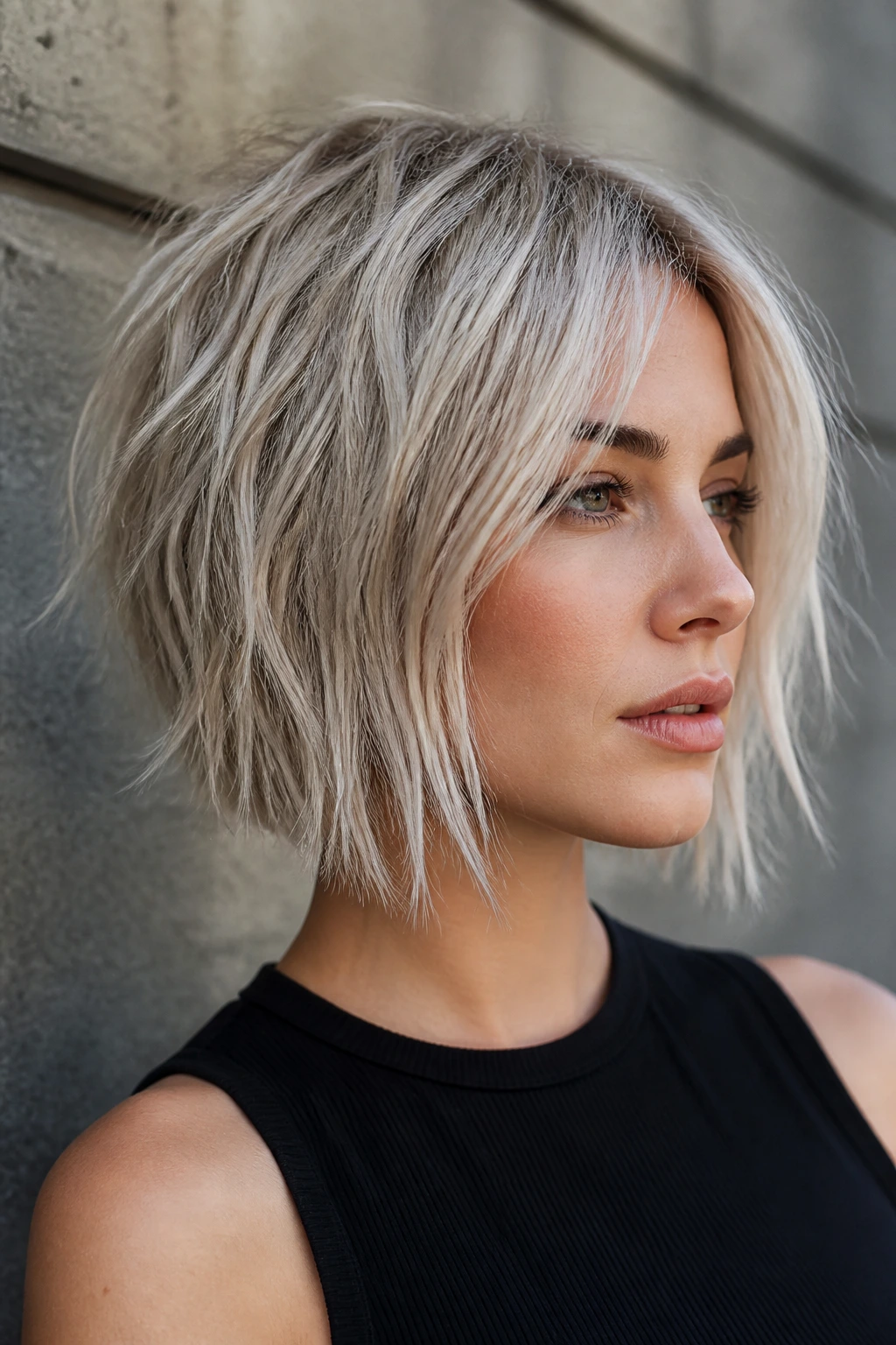 Portrait of a woman with ash blonde choppy bob.