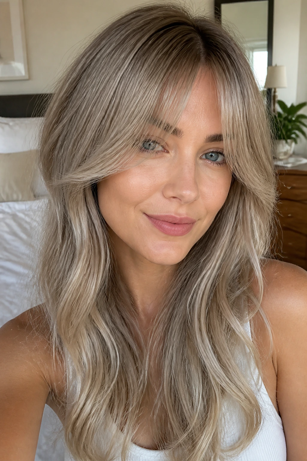 Close-up of a real woman with ash blonde curtain bangs framing her eyes