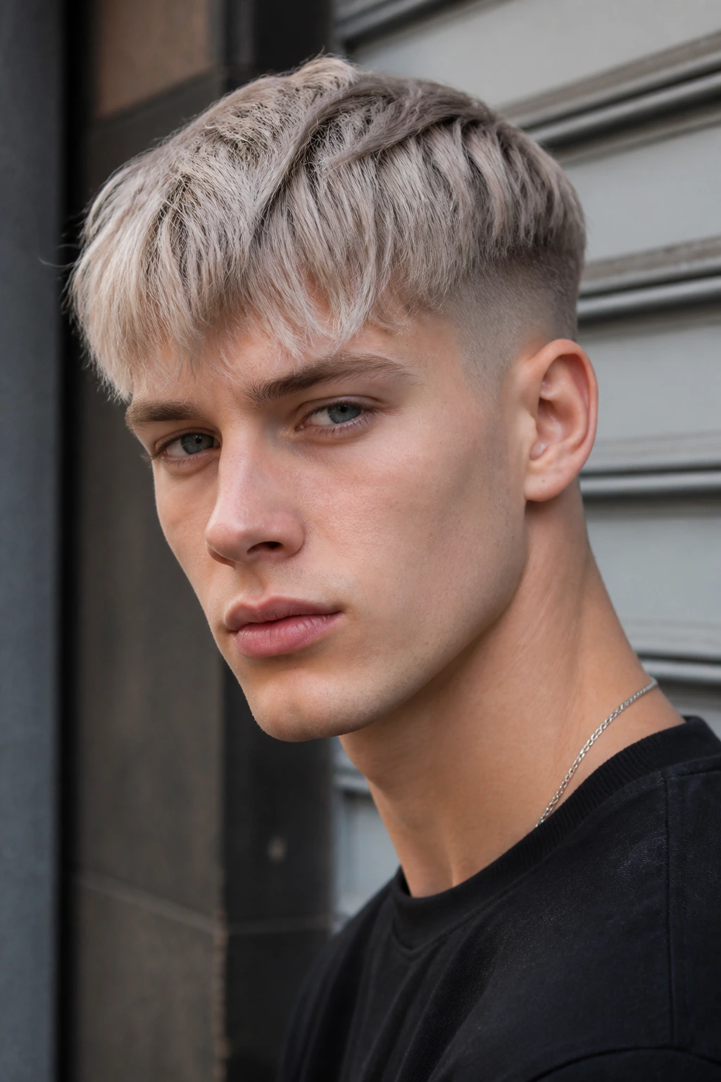 Close-up of a man with an ash-blonde fringe and cool tone