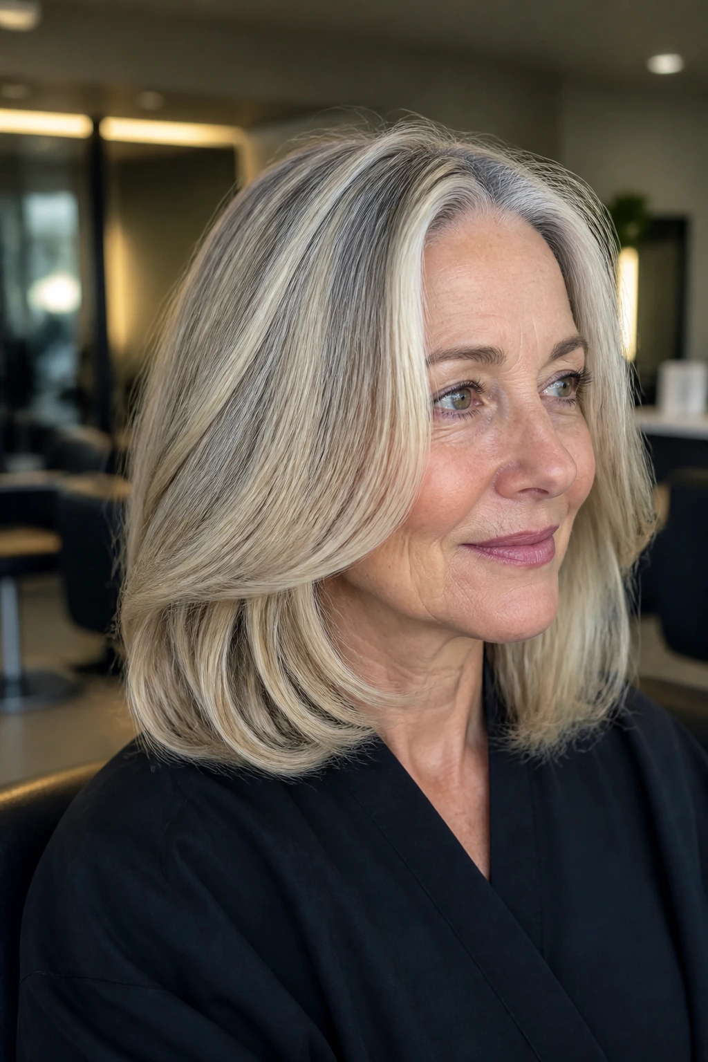 Close-up portrait of a real woman with ash blonde and gray blending panels in cool lighting