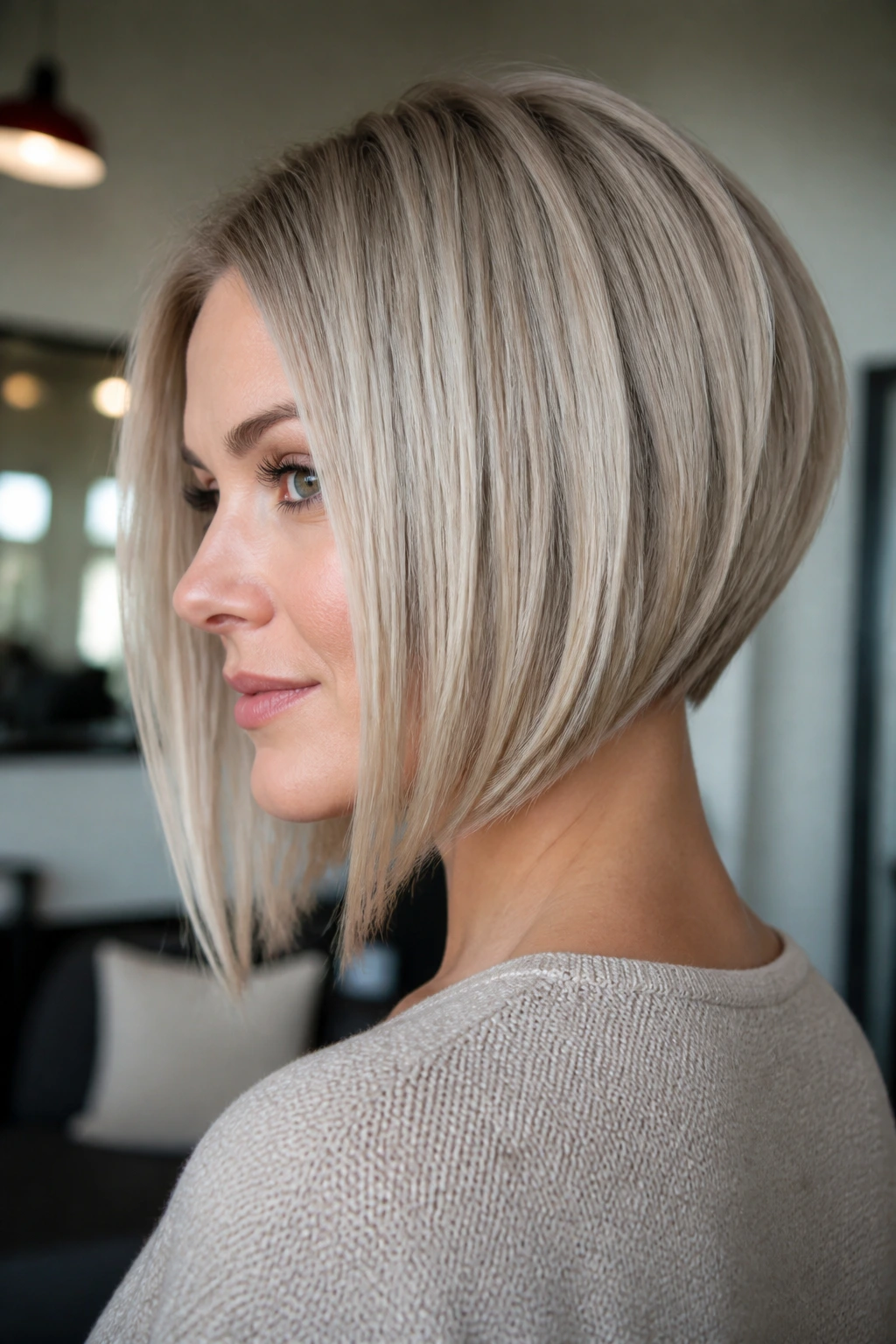 Portrait of a woman with an ash blonde inverted bob in a modern interior